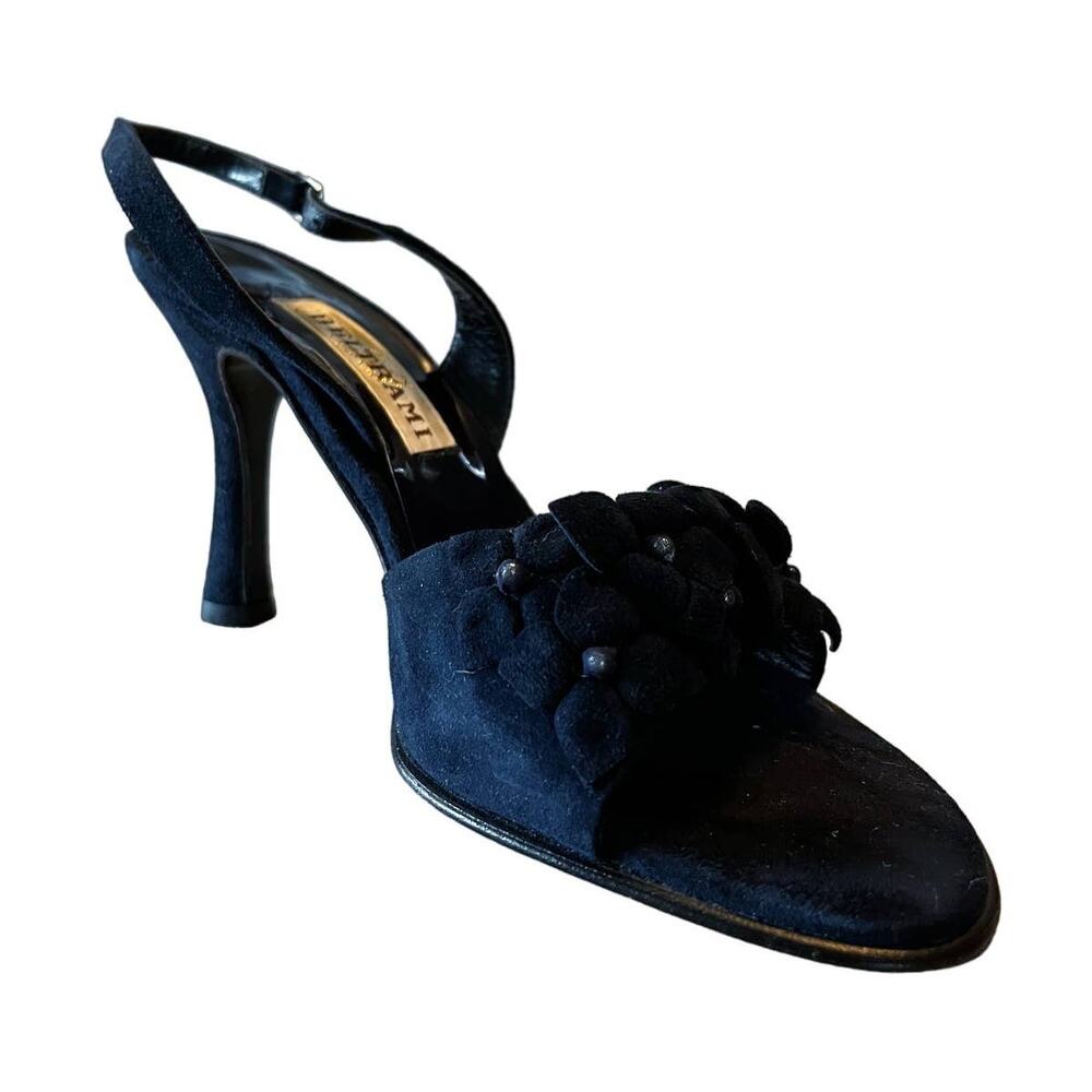 BELTRAMI Suede Sandals Navy Blue 3D Floral Design Sling Back Italy EU 38 US 7.5